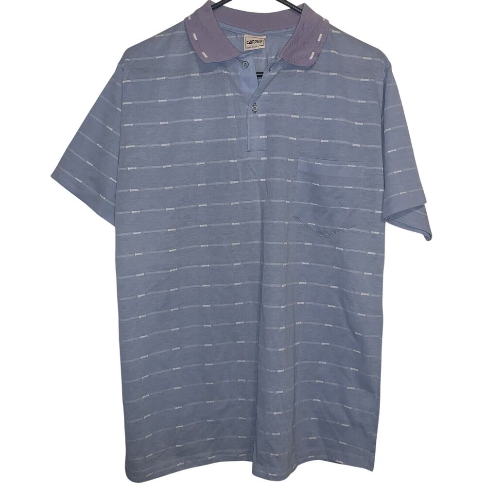 Vintage 70s Campus Blue White Pin Stripe Golf Polo Casual Preppy Shirt L USA